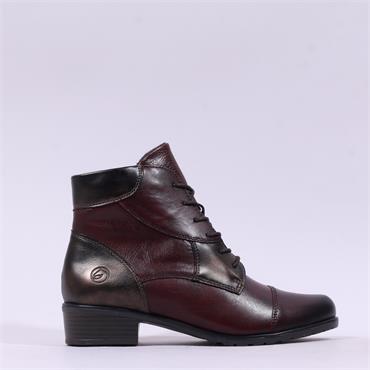 Remonte Low Block Heel Laced Ankle Boot - Wine Combi